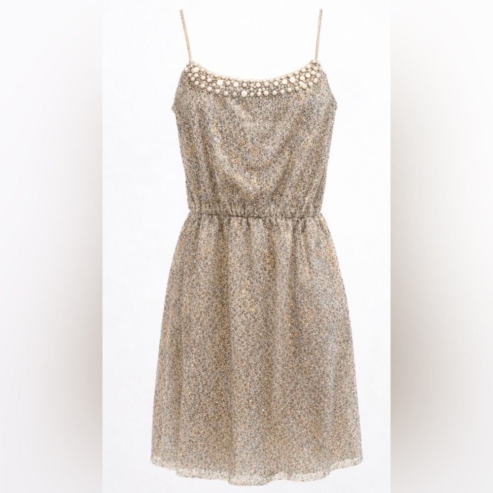 Elegant Women's Sequin Dress in Cream and Silver. Pearl design on neckline